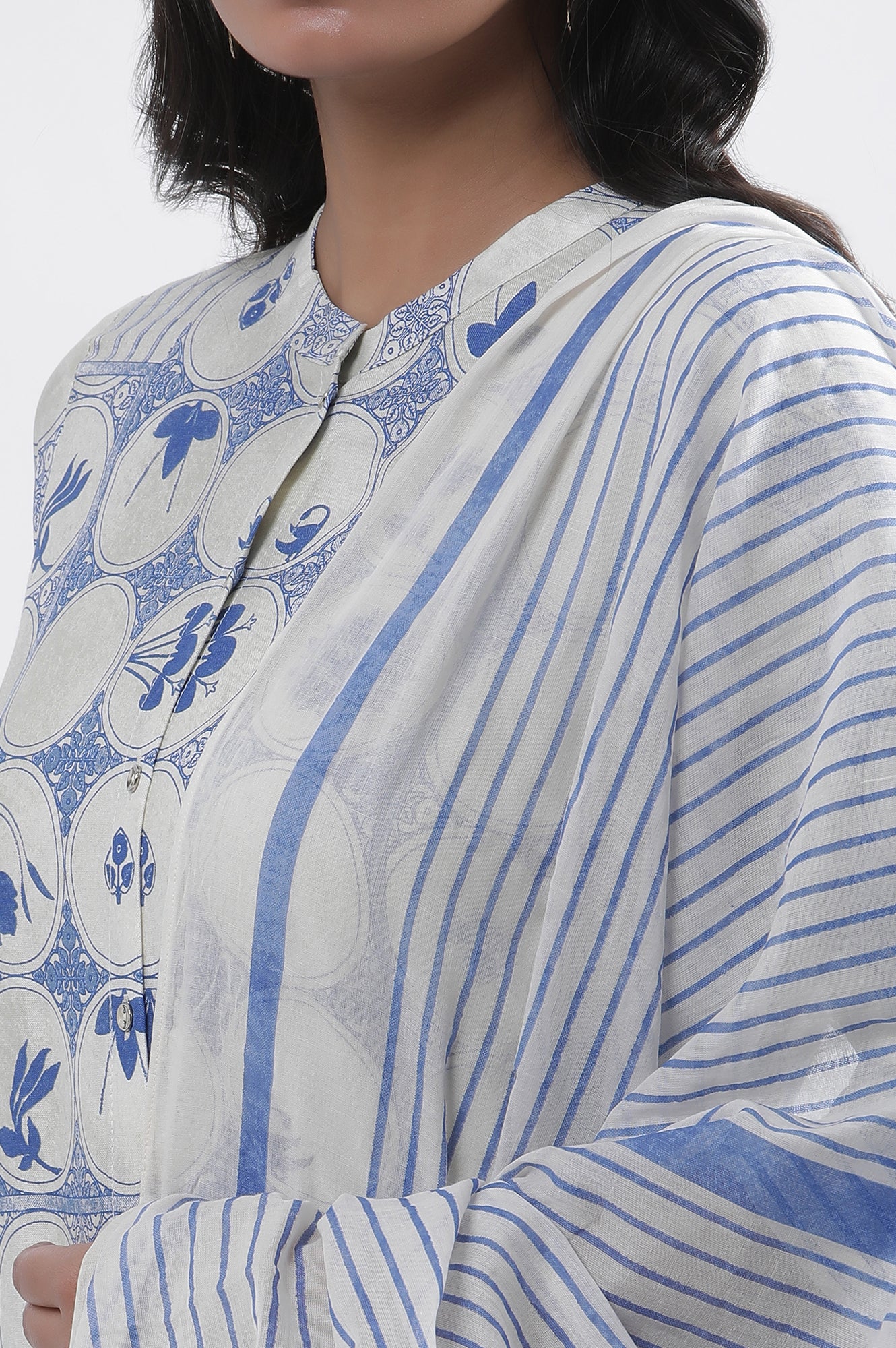 White &amp; Blue Printed Kurta, Parallel Pants And Dupatta Set