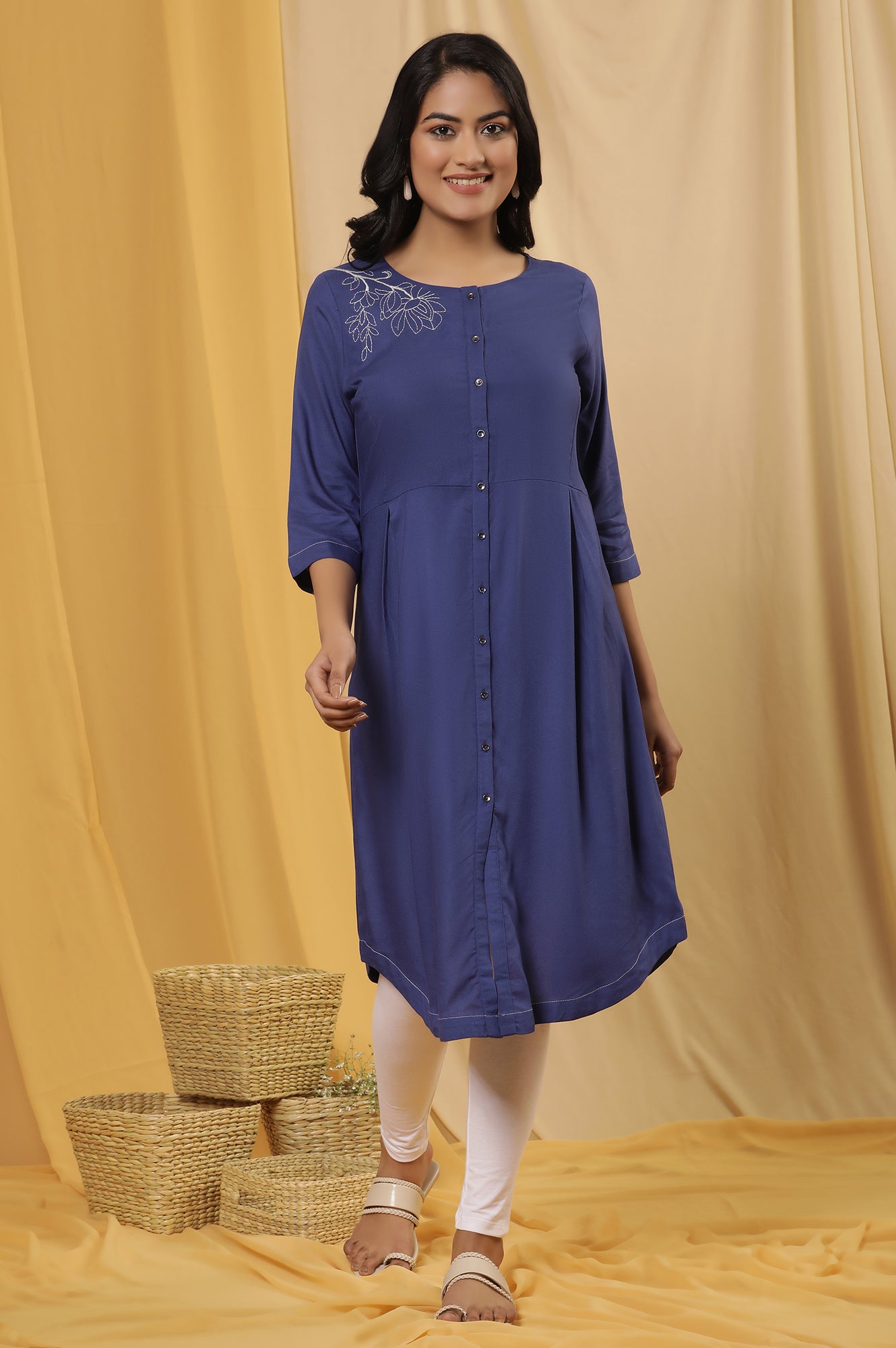 Blue Curved Kurta And Tights Set