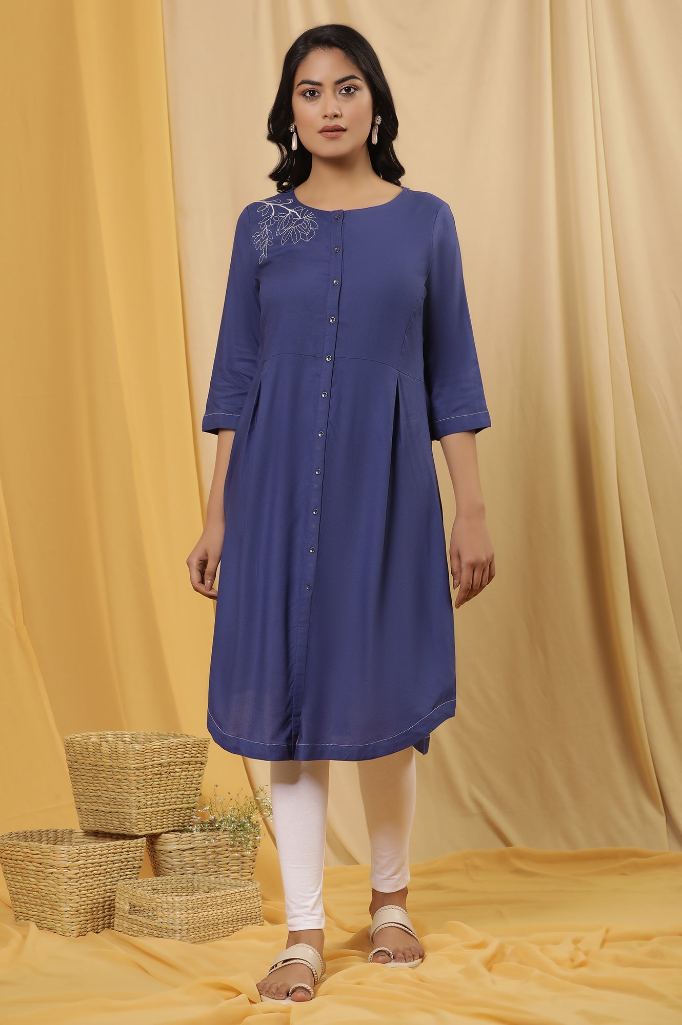 Blue Curved Kurta And Tights Set