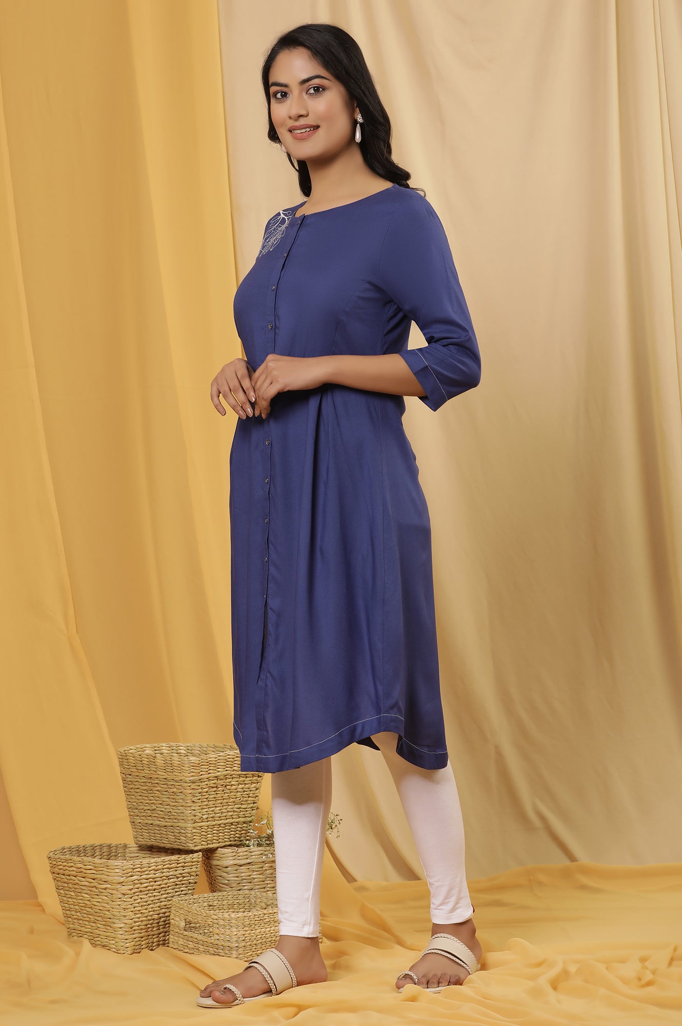 Blue Curved Kurta And Tights Set