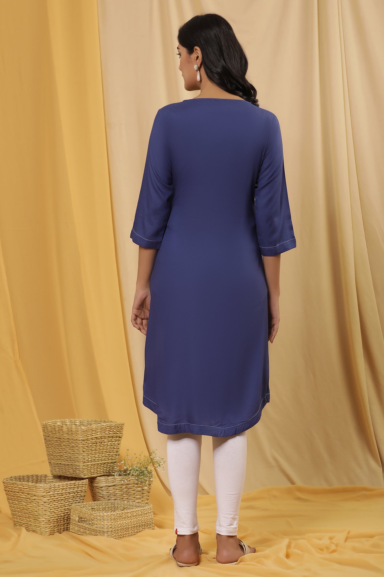 Blue Curved Kurta And Tights Set