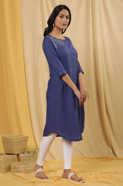 Blue Curved Kurta And Tights Set