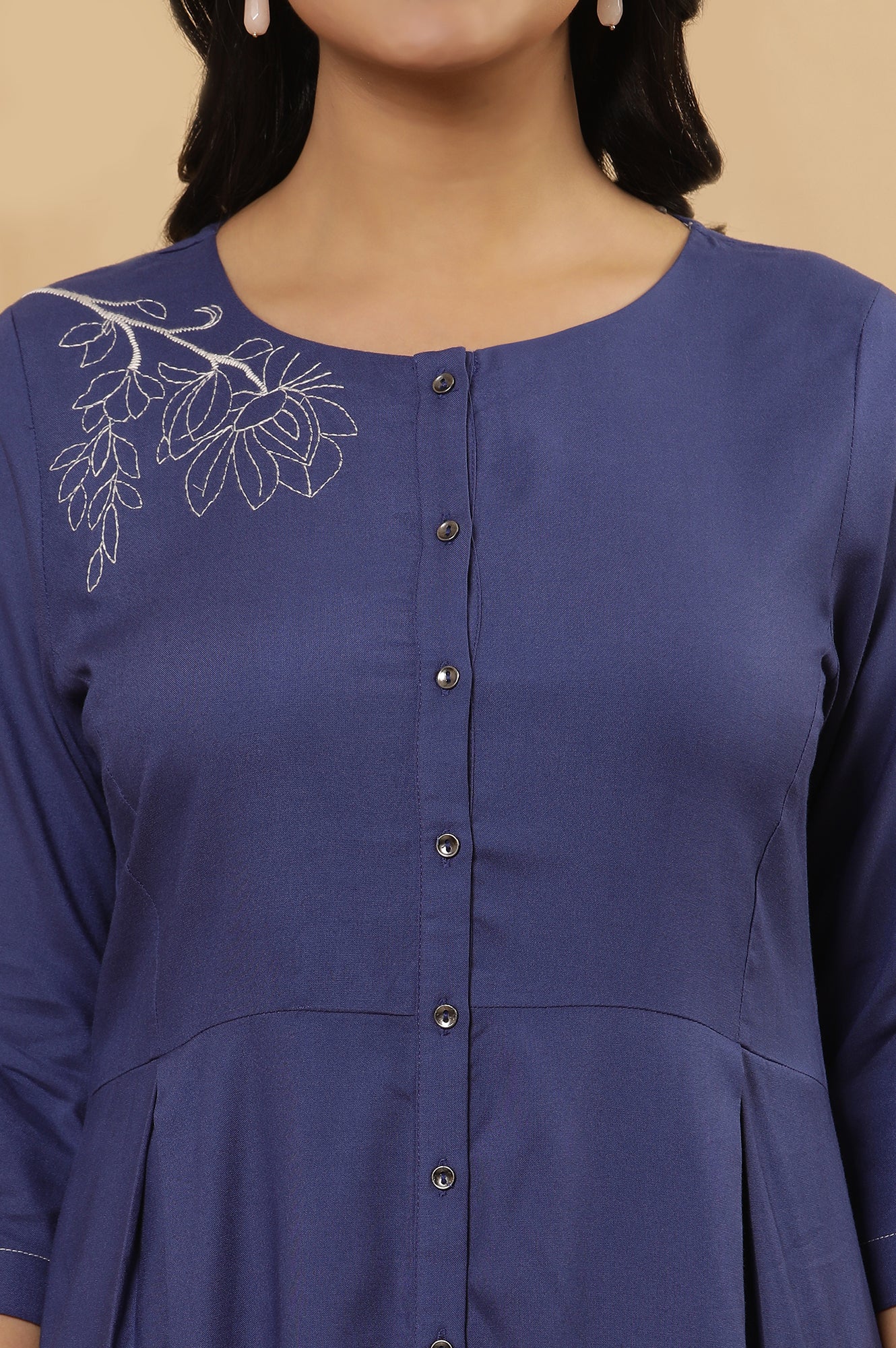 Blue Curved Kurta And Tights Set