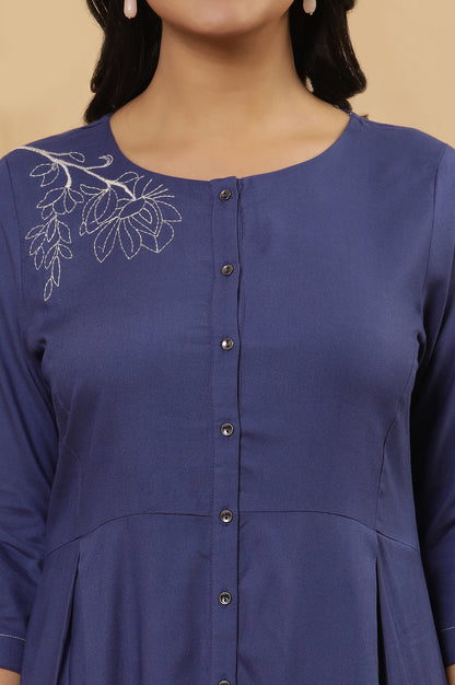 Blue Curved Kurta And Tights Set