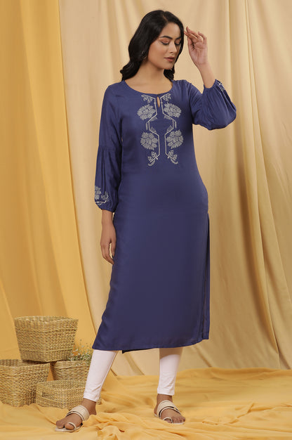 Blue Embroidered Kurta And Tights Set