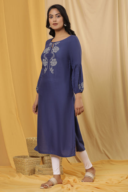 Blue Embroidered Kurta And Tights Set