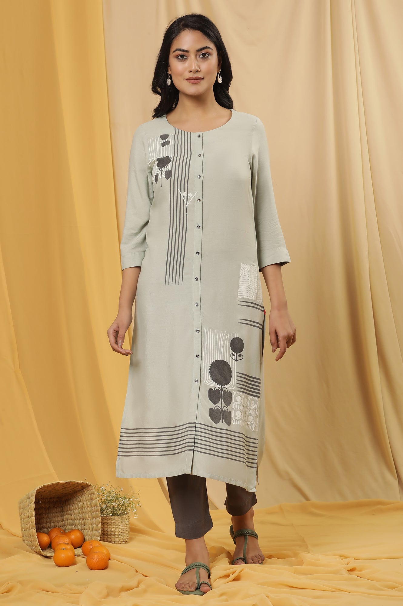 Green Printed Button Down Kurta And Pants Set