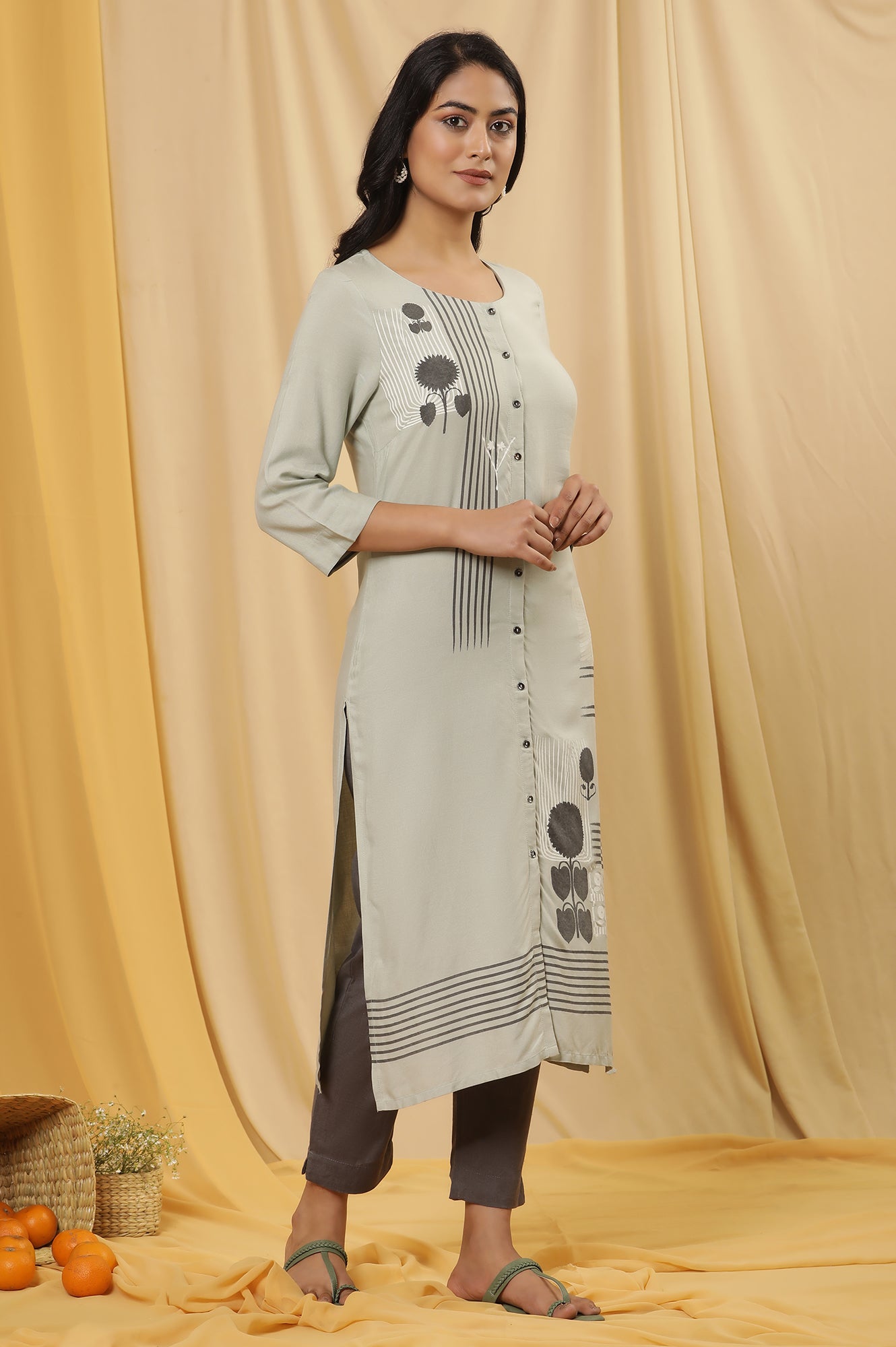 Green Printed Button Down Kurta And Pants Set