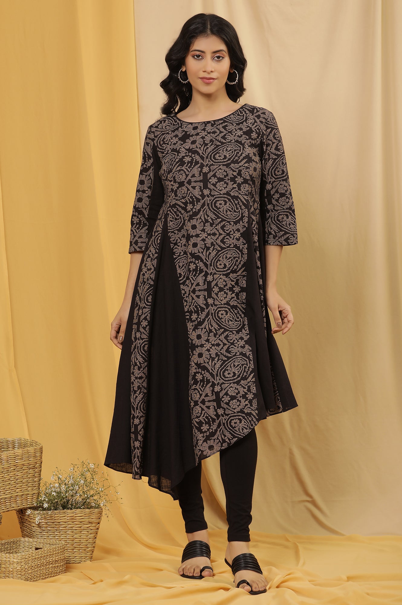 Black Asymmetrical Printed Kurta And Tights Set