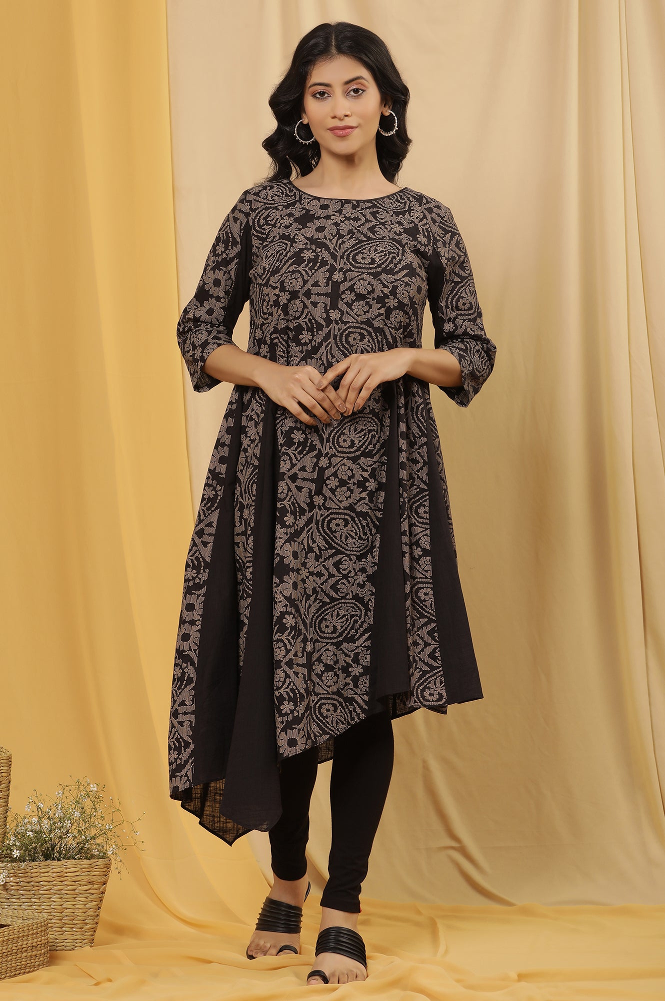 Black Asymmetrical Printed Kurta And Tights Set