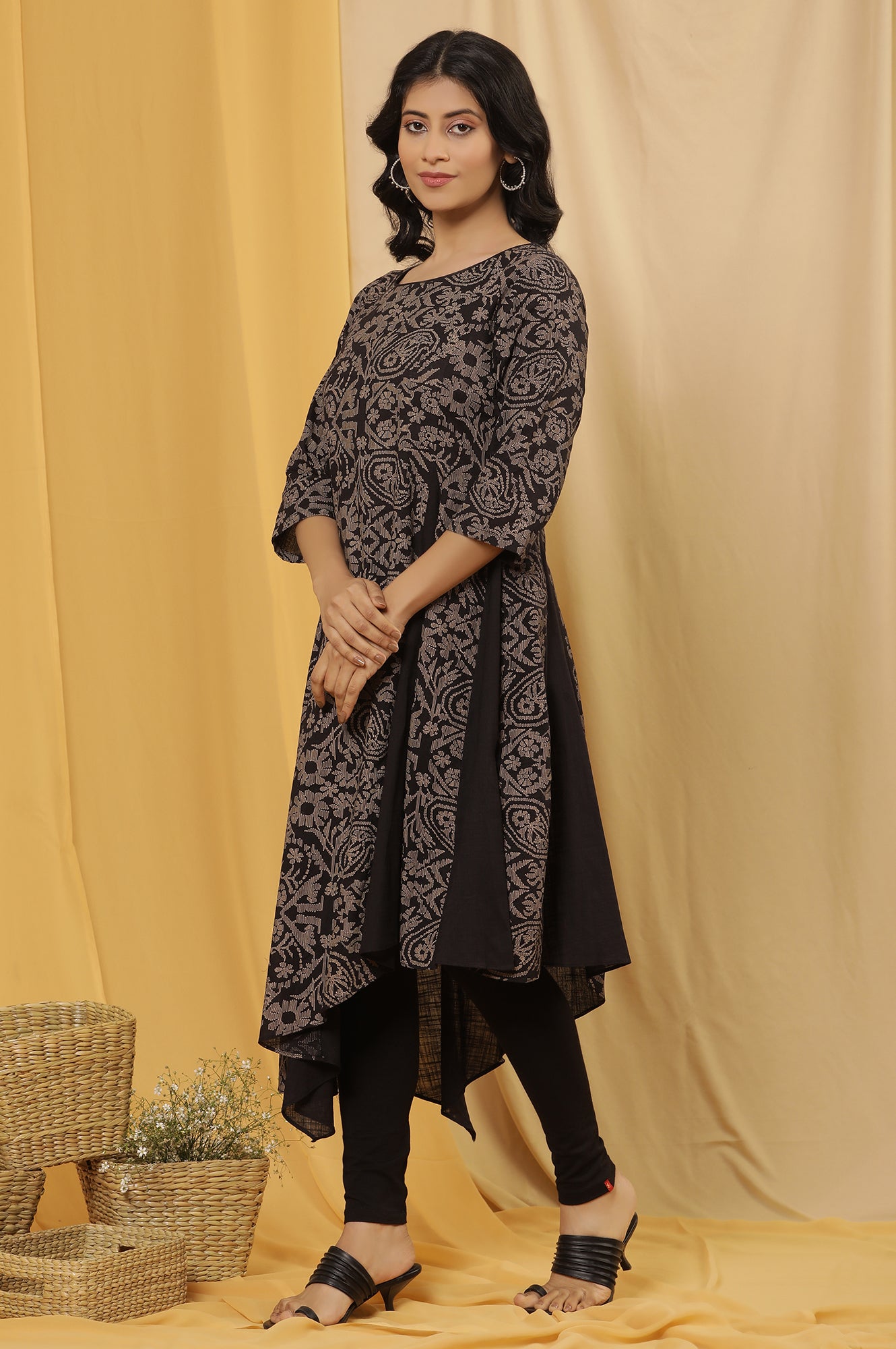 Black Asymmetrical Printed Kurta And Tights Set