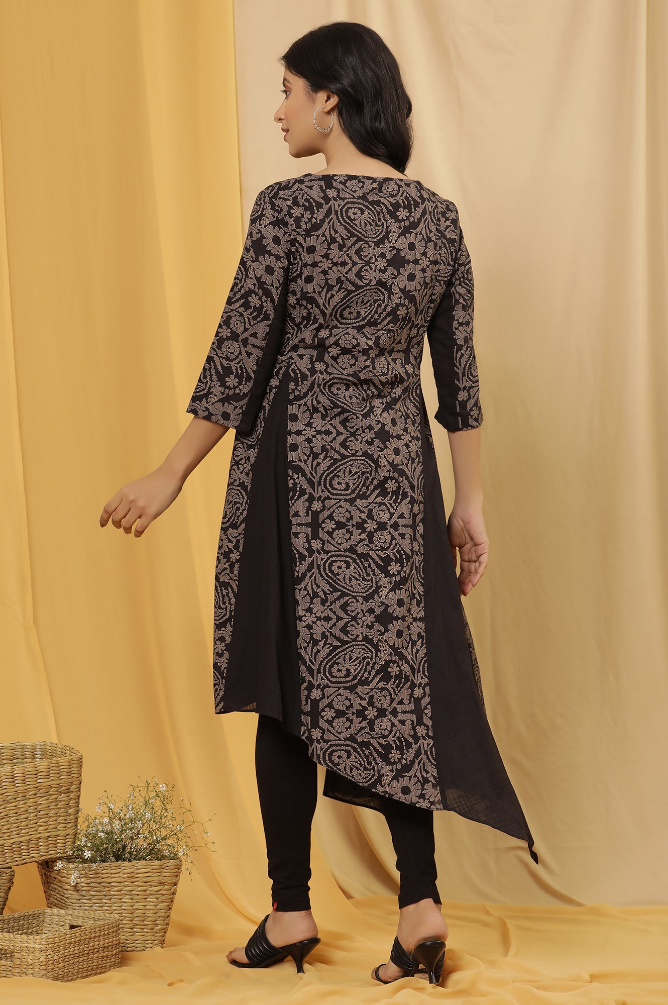 Black Asymmetrical Printed Kurta And Tights Set