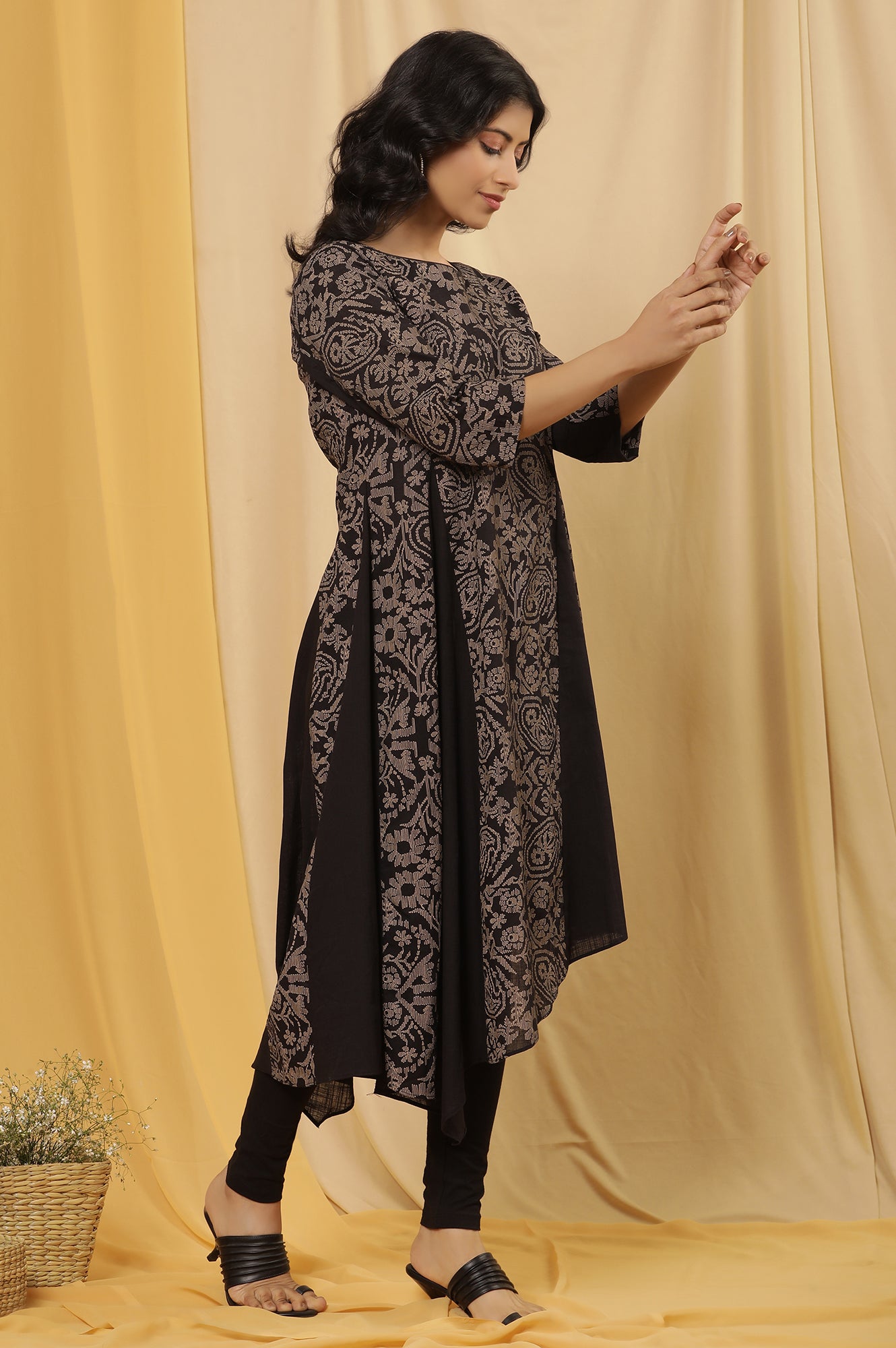 Black Asymmetrical Printed Kurta And Tights Set