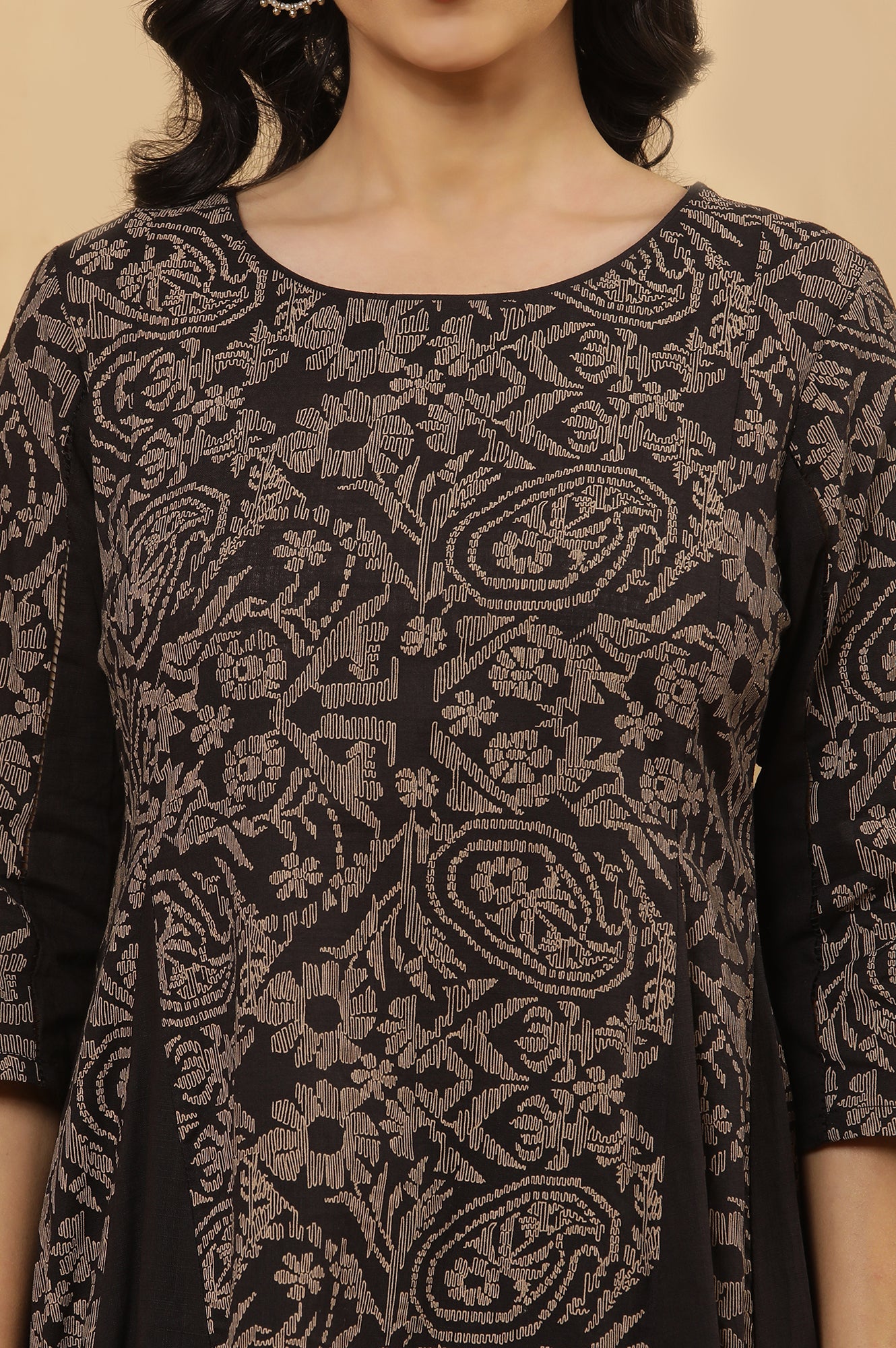 Black Asymmetrical Printed Kurta And Tights Set