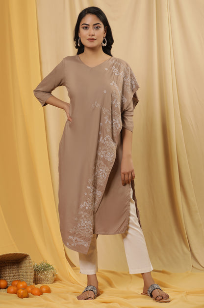 Beige Saree Drape Kurta And Pants Set