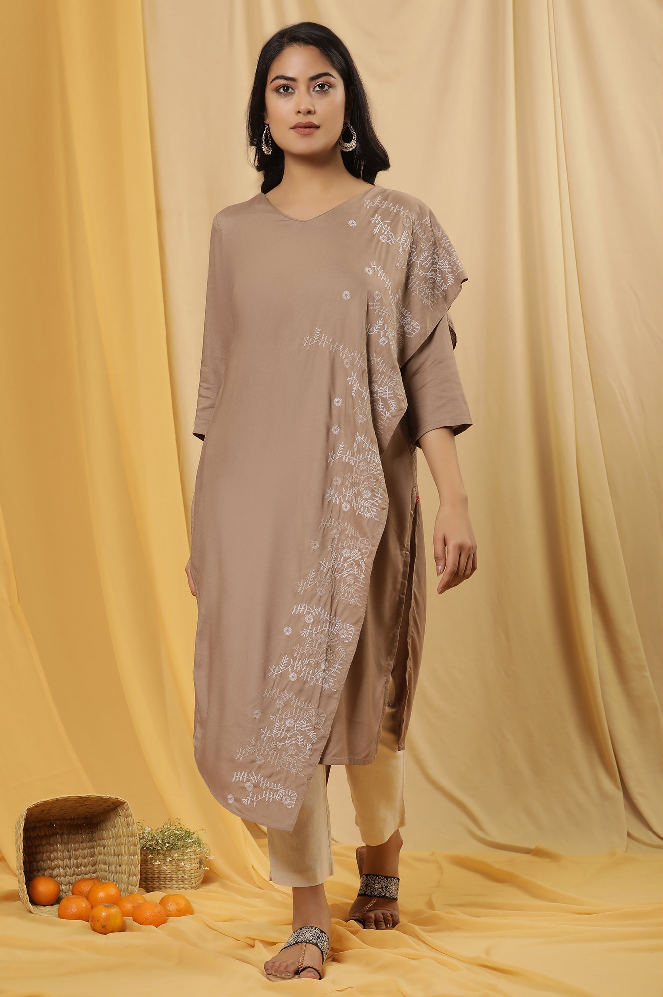 Beige Saree Drape Kurta And Pants Set