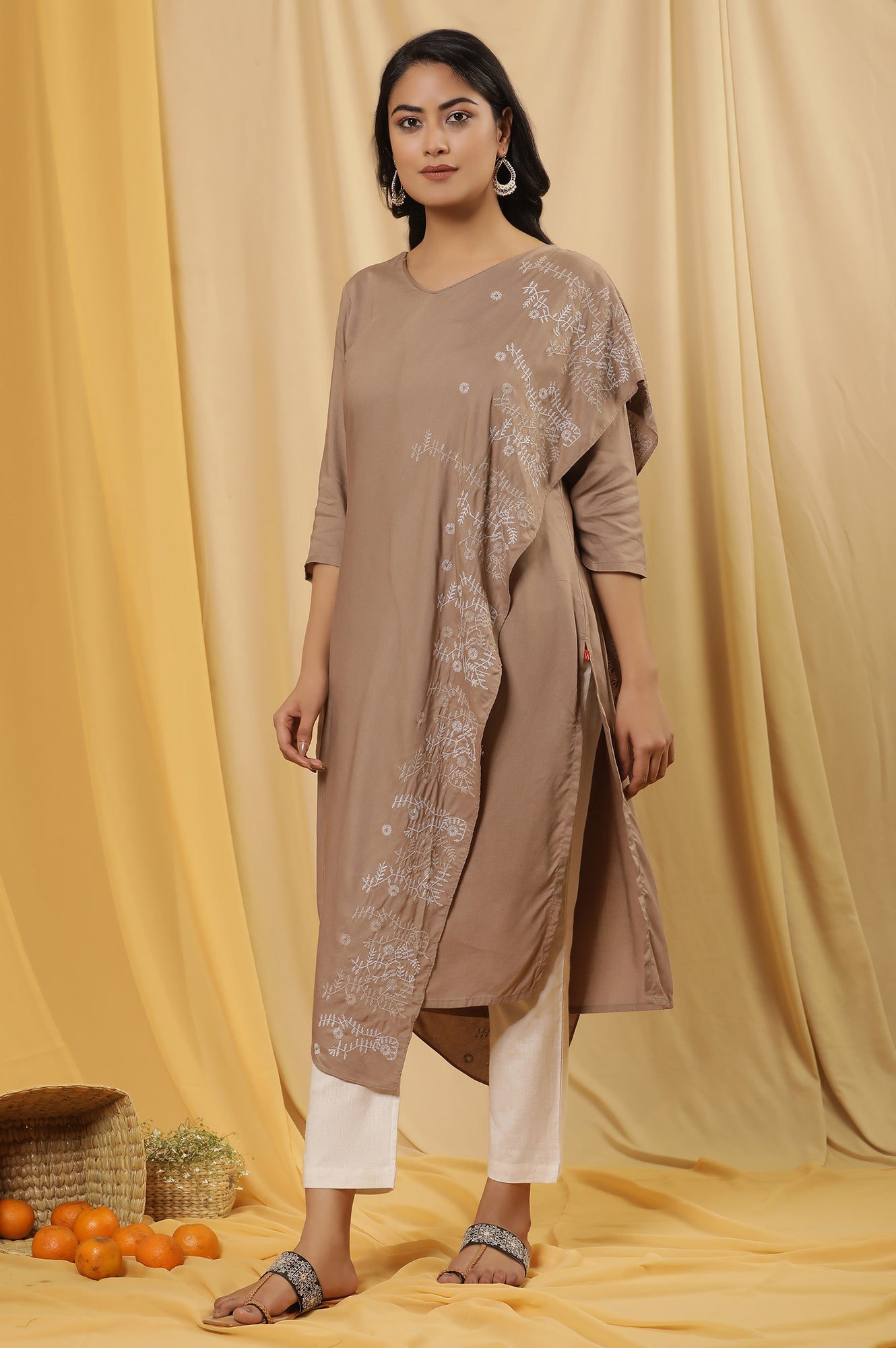 Beige Saree Drape Kurta And Pants Set