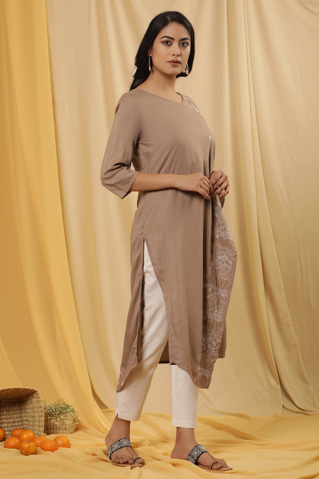 Beige Saree Drape Kurta And Pants Set