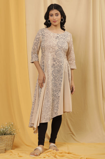 Beige Printed Asymmetrical Kurta And Tights Set