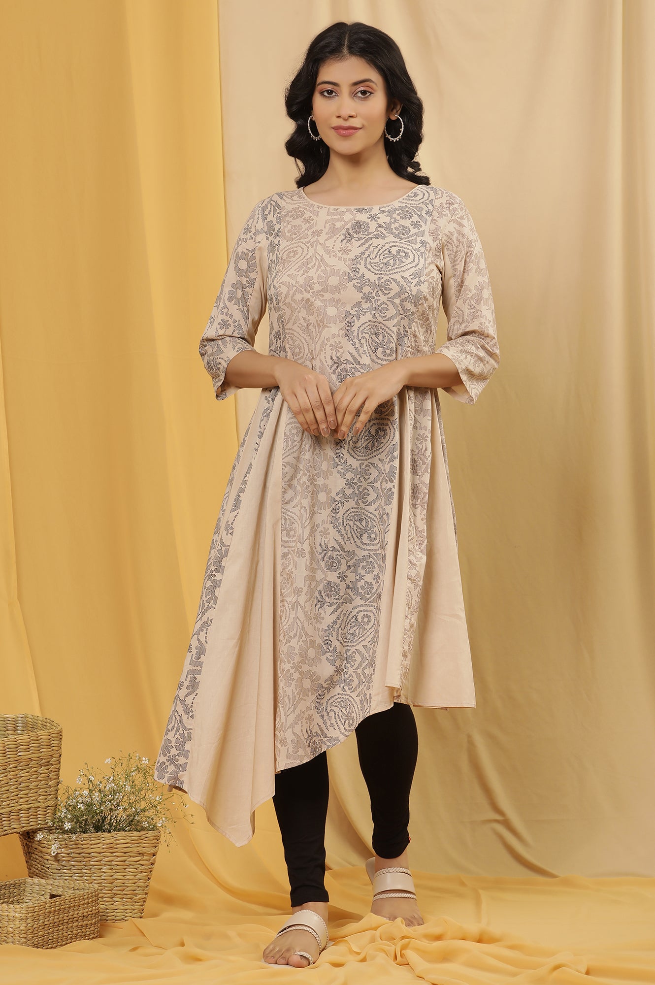 Beige Printed Asymmetrical Kurta And Tights Set