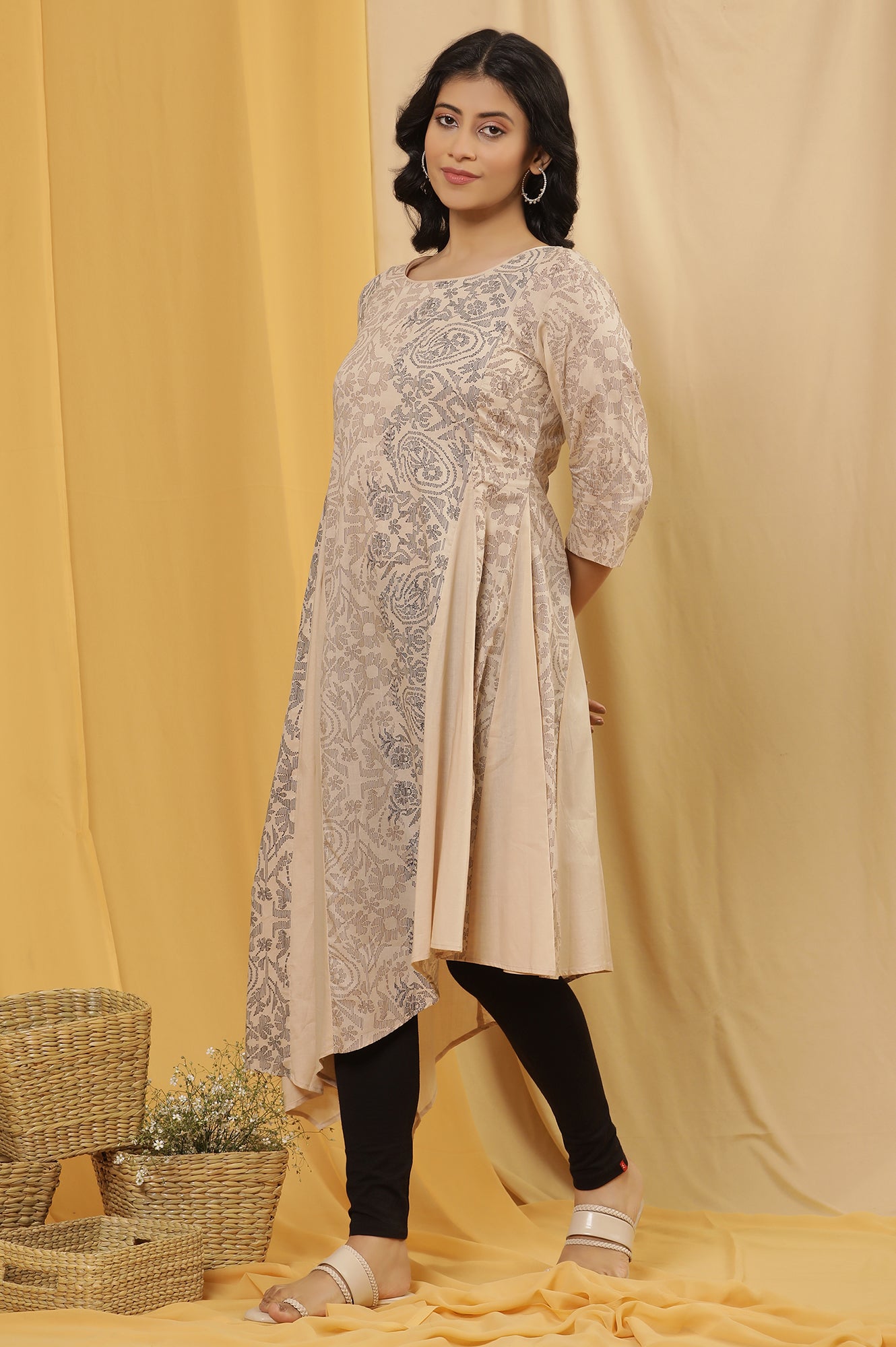 Beige Printed Asymmetrical Kurta And Tights Set