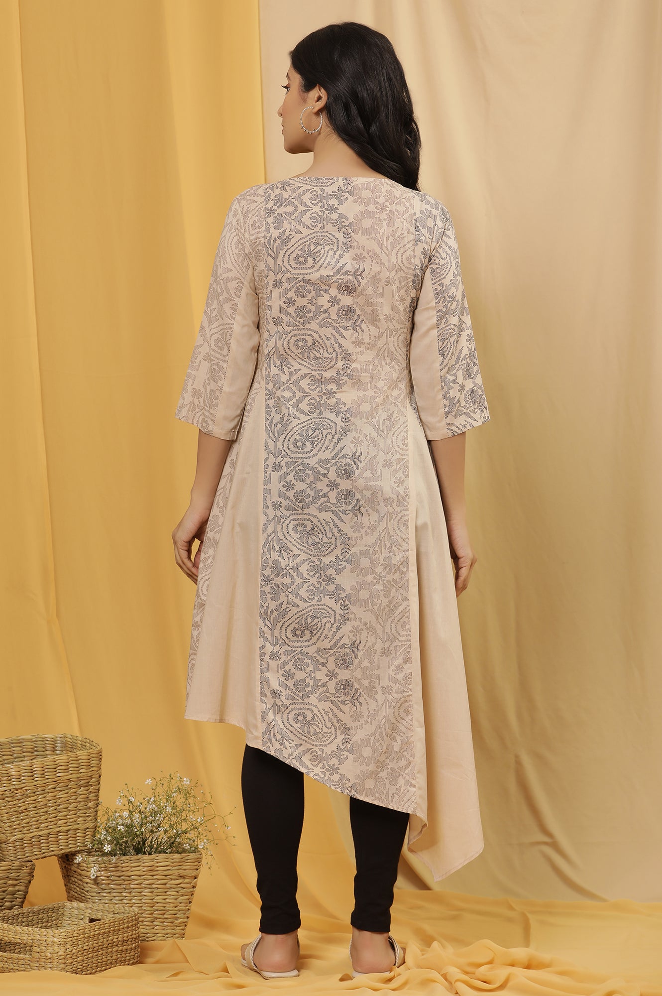 Beige Printed Asymmetrical Kurta And Tights Set