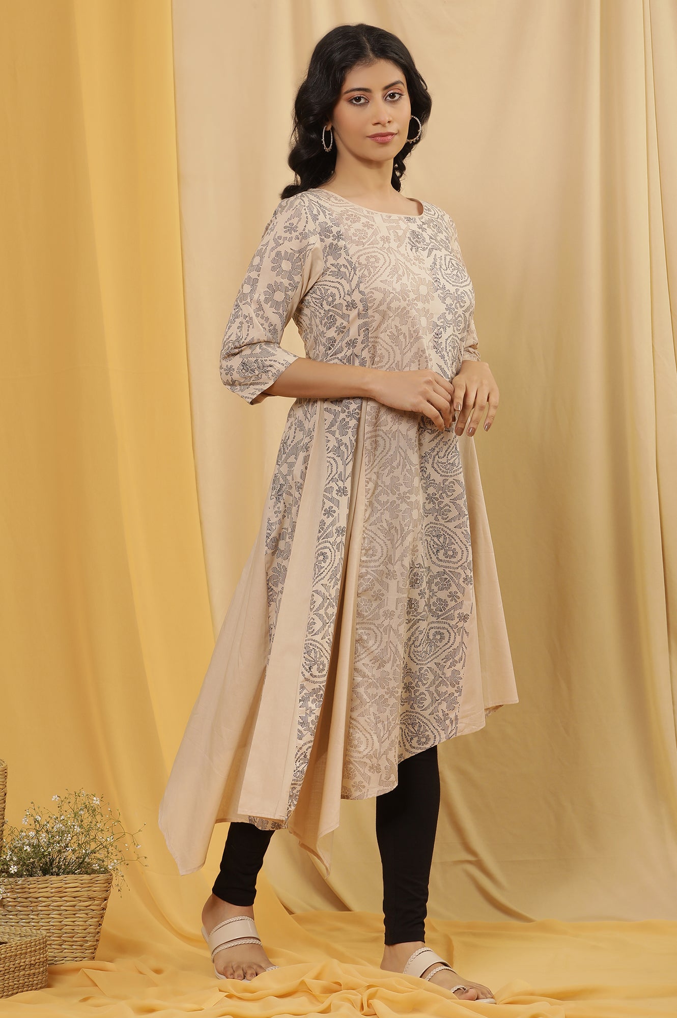 Beige Printed Asymmetrical Kurta And Tights Set