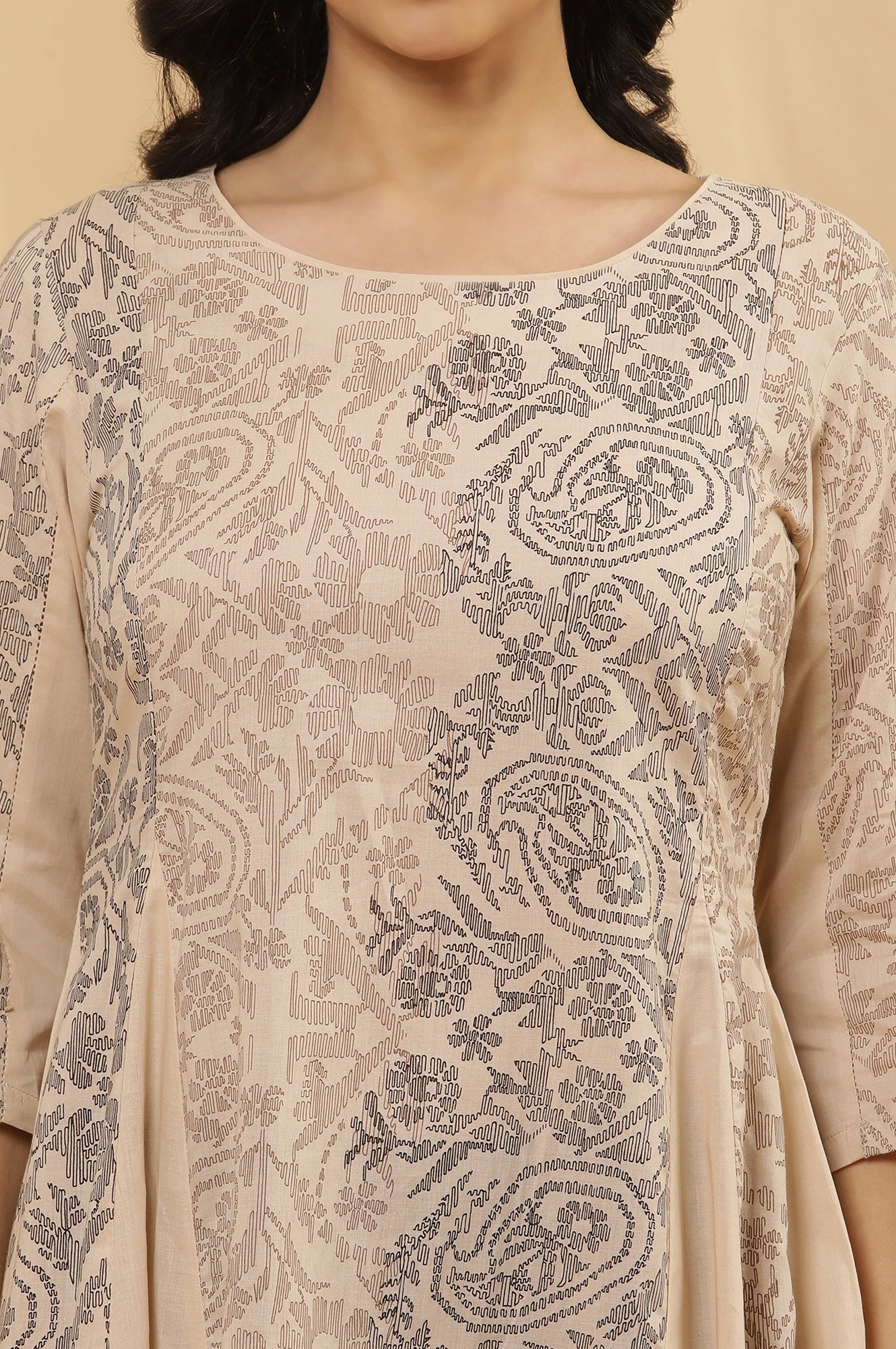 Beige Printed Asymmetrical Kurta And Tights Set