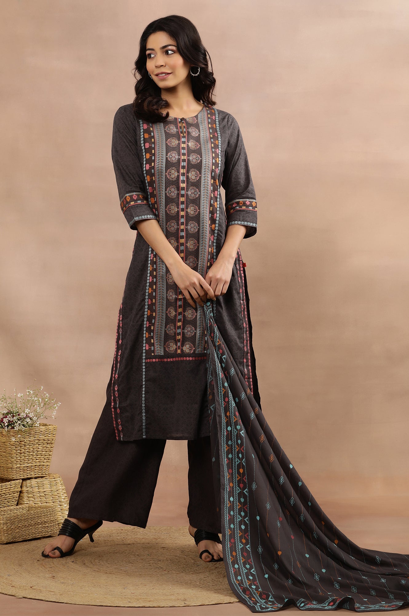 Grey Printed Straight Kurta, Parallel Pants And Dupatta Set