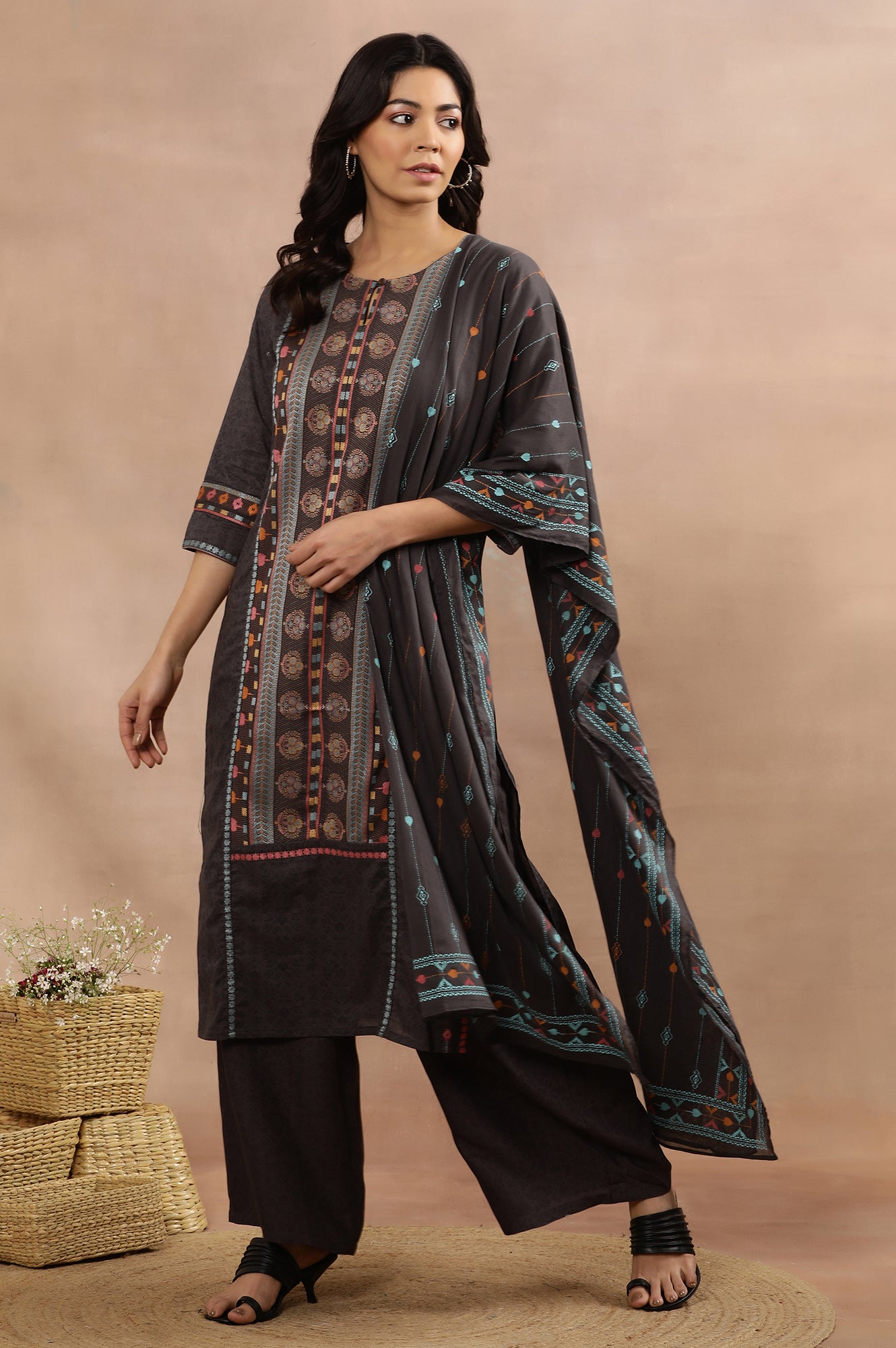 Grey Printed Straight Kurta, Parallel Pants And Dupatta Set