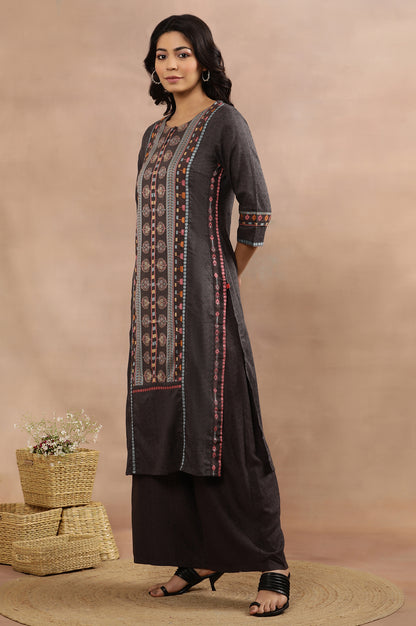 Grey Printed Straight Kurta, Parallel Pants And Dupatta Set