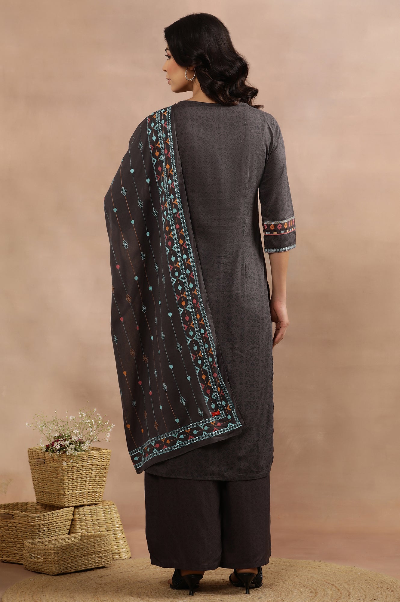 Grey Printed Straight Kurta, Parallel Pants And Dupatta Set