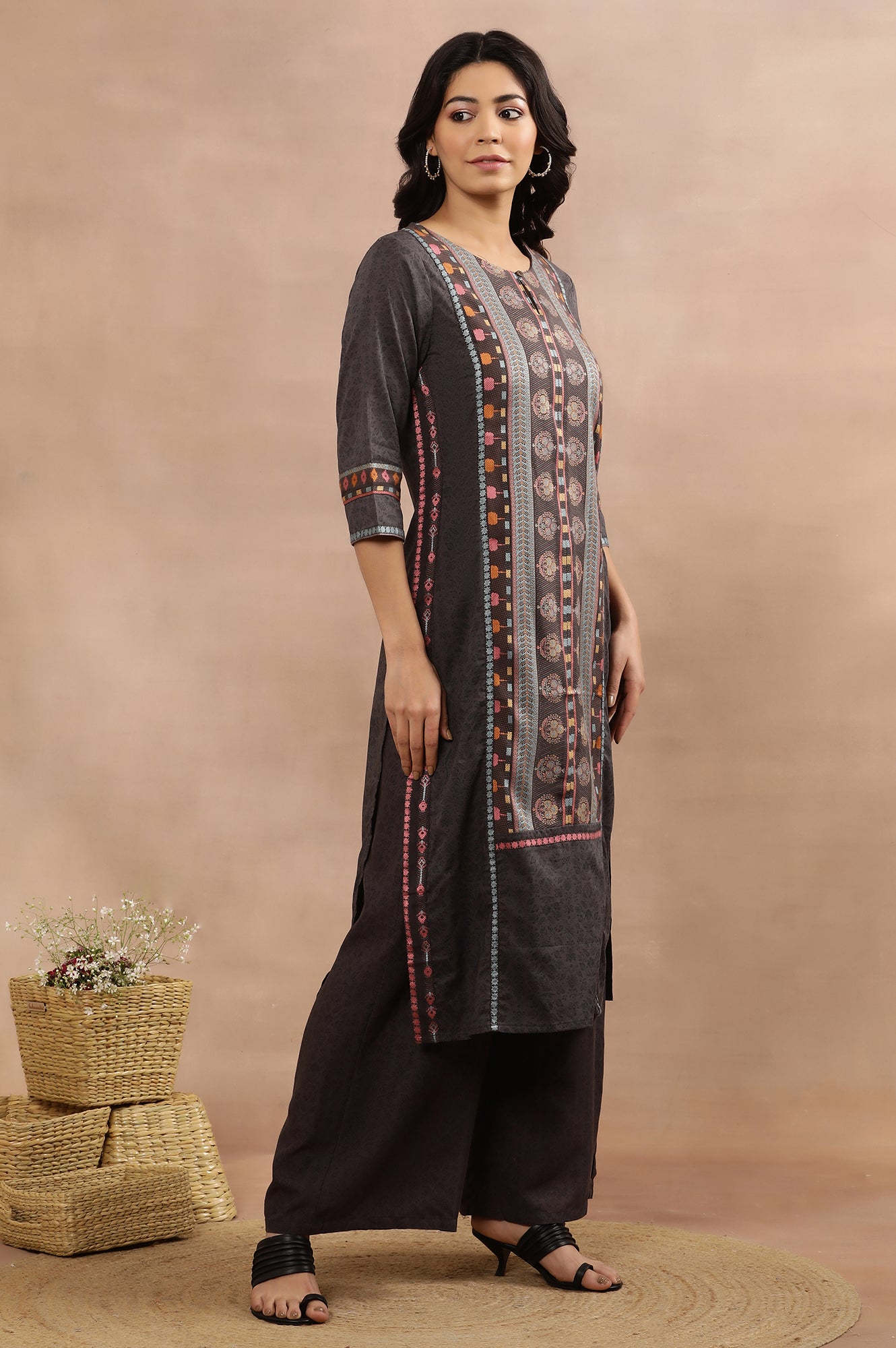 Grey Printed Straight Kurta, Parallel Pants And Dupatta Set