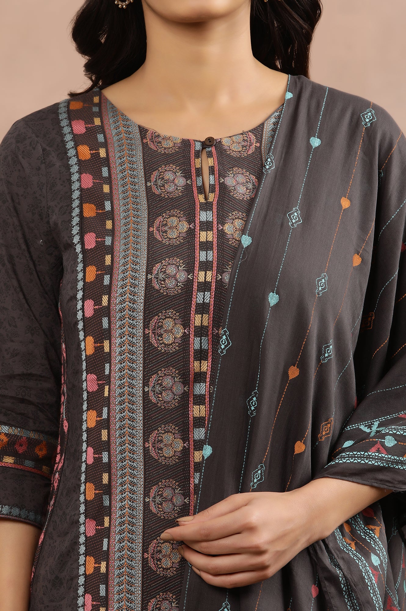 Grey Printed Straight Kurta, Parallel Pants And Dupatta Set