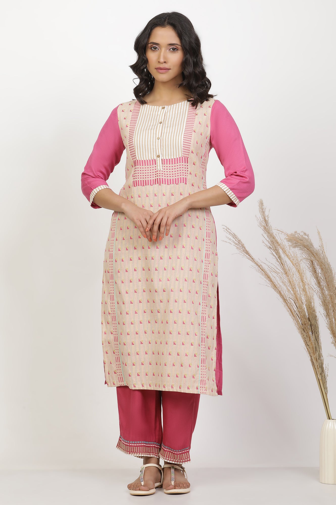 Light Pink Cotton Dobby Kurta And Pants Set