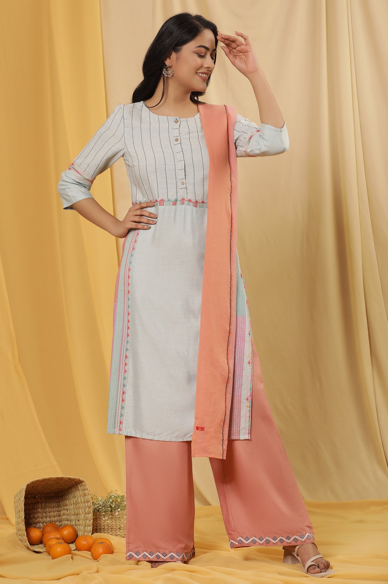 Pale Blue Cotton Dobby Kurta, Parallel Pants And Dupatta Set