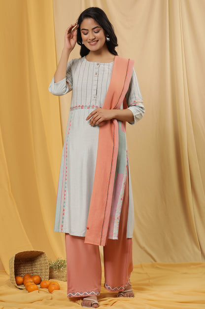 Pale Blue Cotton Dobby Kurta, Parallel Pants And Dupatta Set