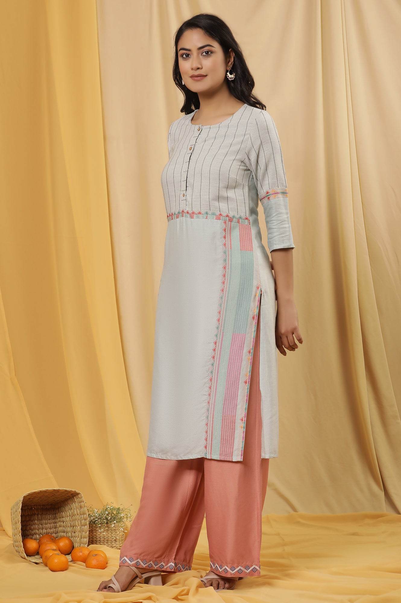 Pale Blue Cotton Dobby Kurta, Parallel Pants And Dupatta Set