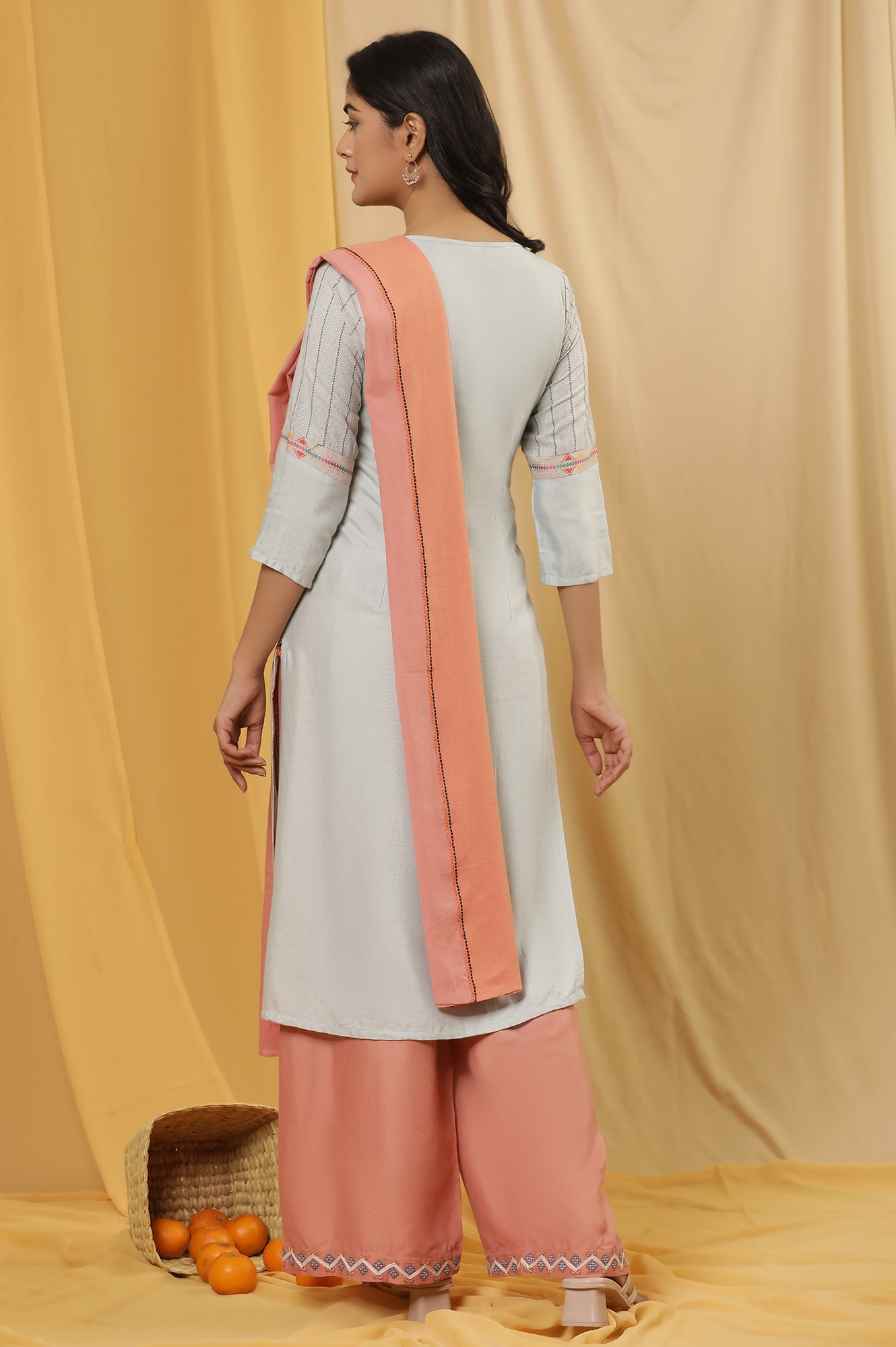 Pale Blue Cotton Dobby Kurta, Parallel Pants And Dupatta Set