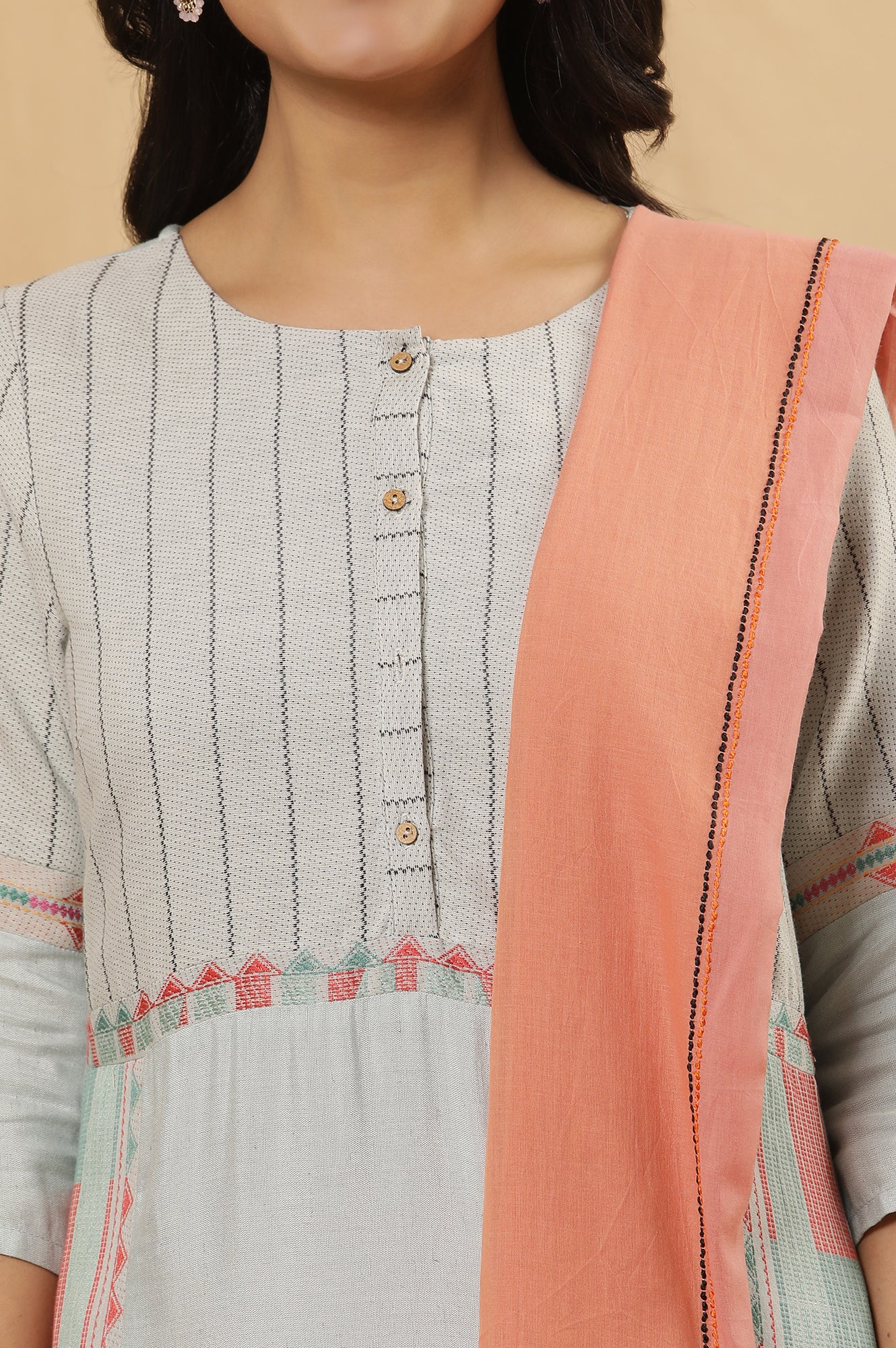 Pale Blue Cotton Dobby Kurta, Parallel Pants And Dupatta Set