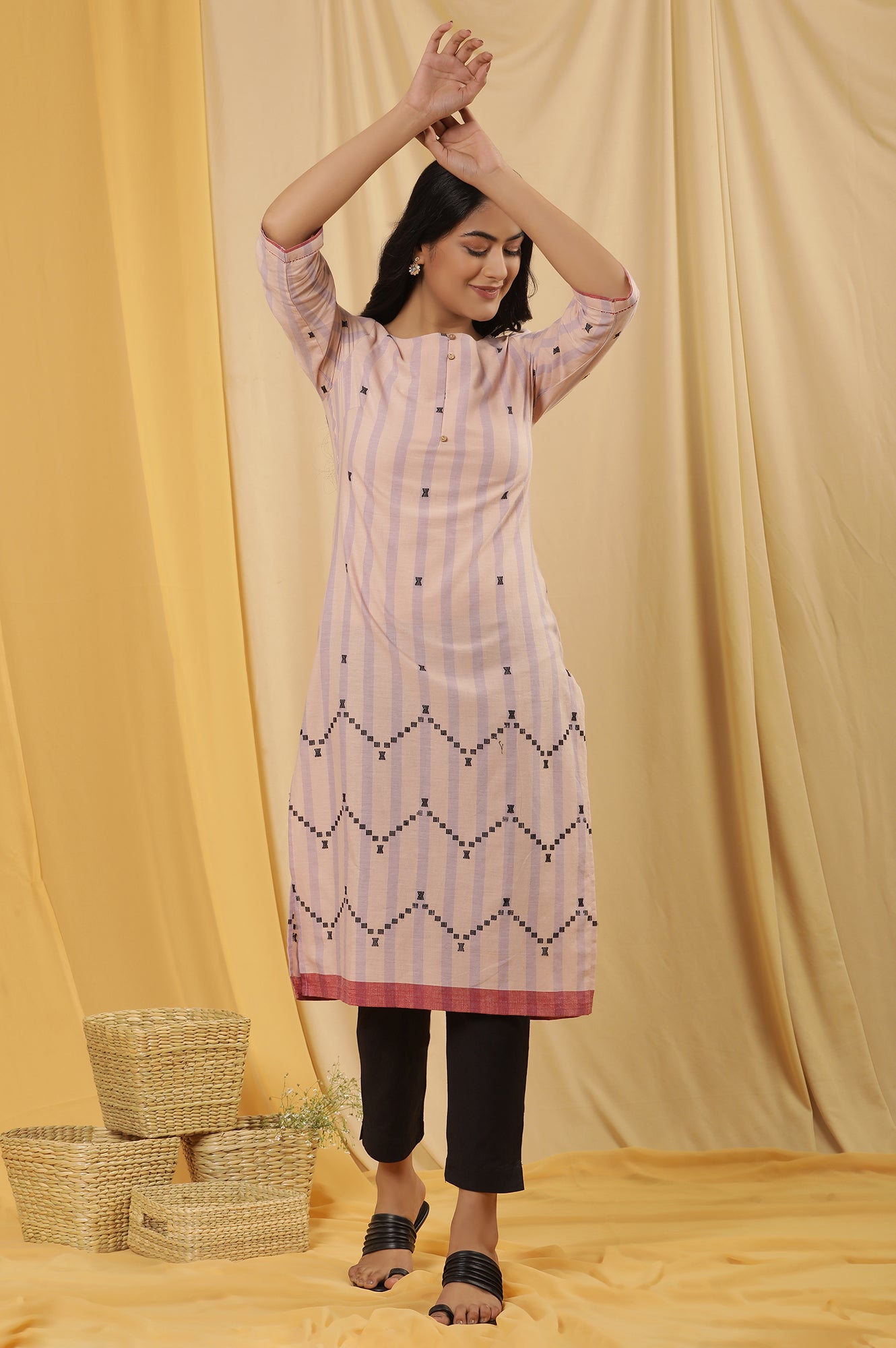 Peach Striped Cotton Kurta And Trousers Set