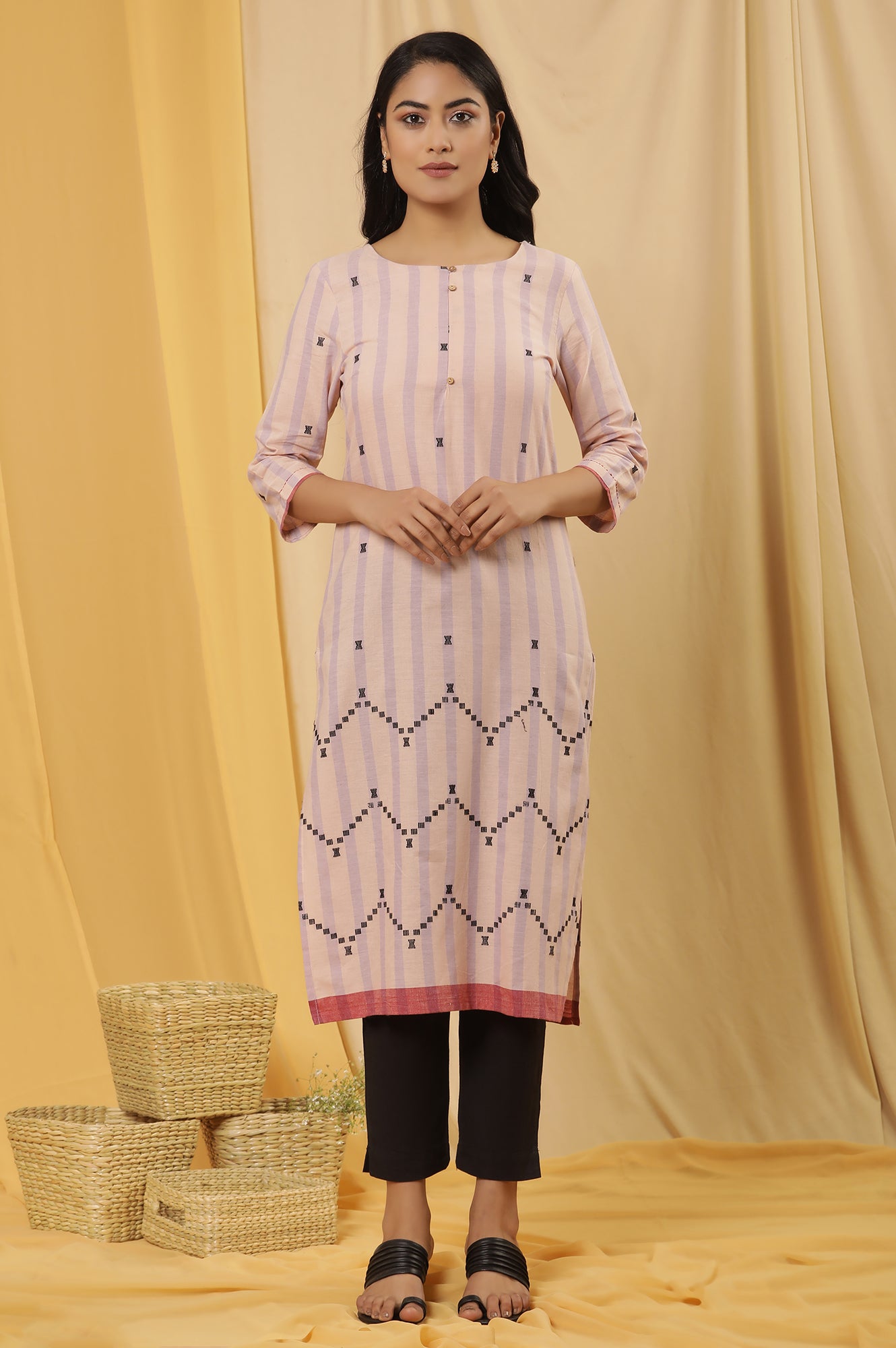 Peach Striped Cotton Kurta And Trousers Set