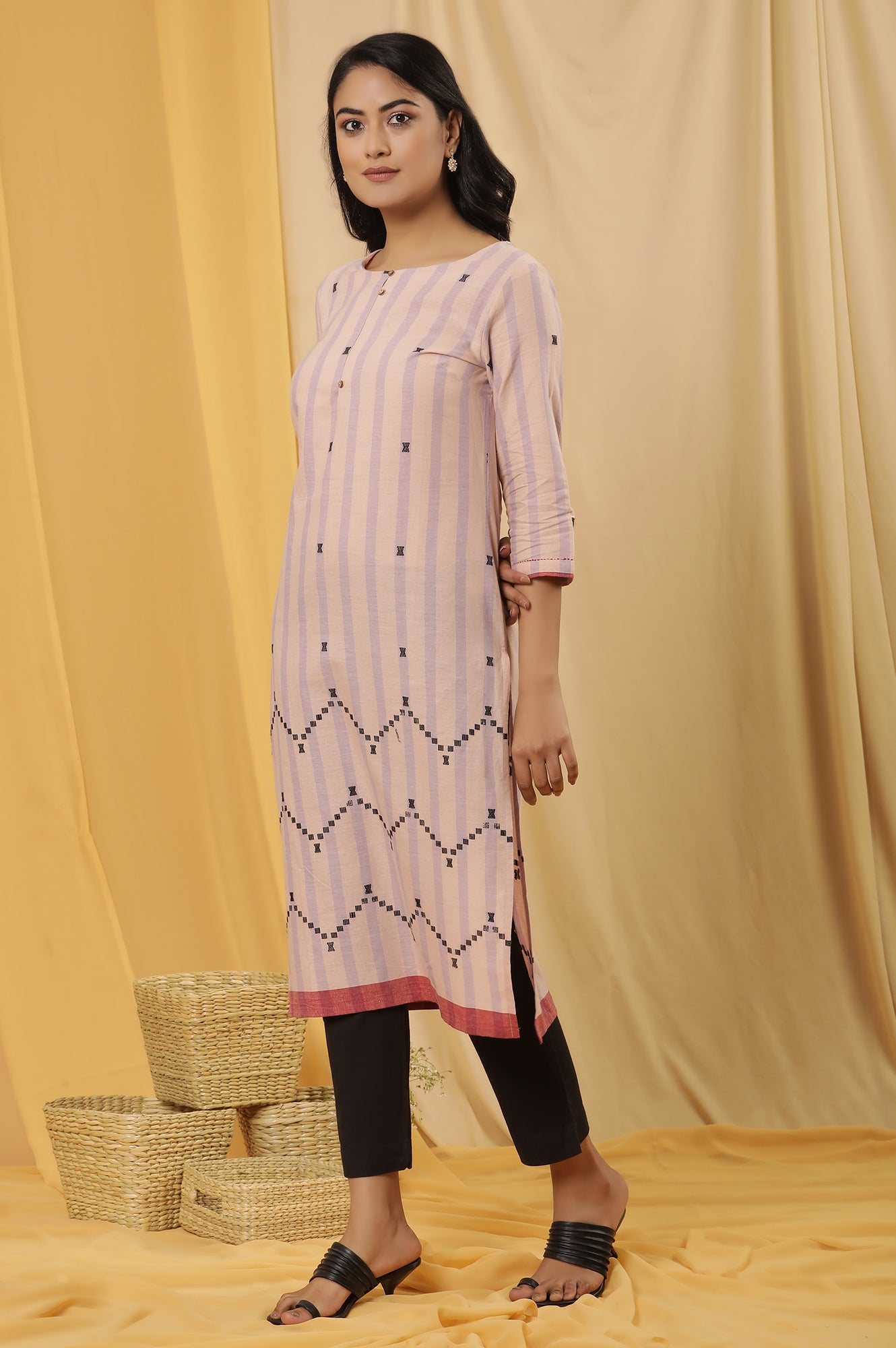 Peach Striped Cotton Kurta And Trousers Set