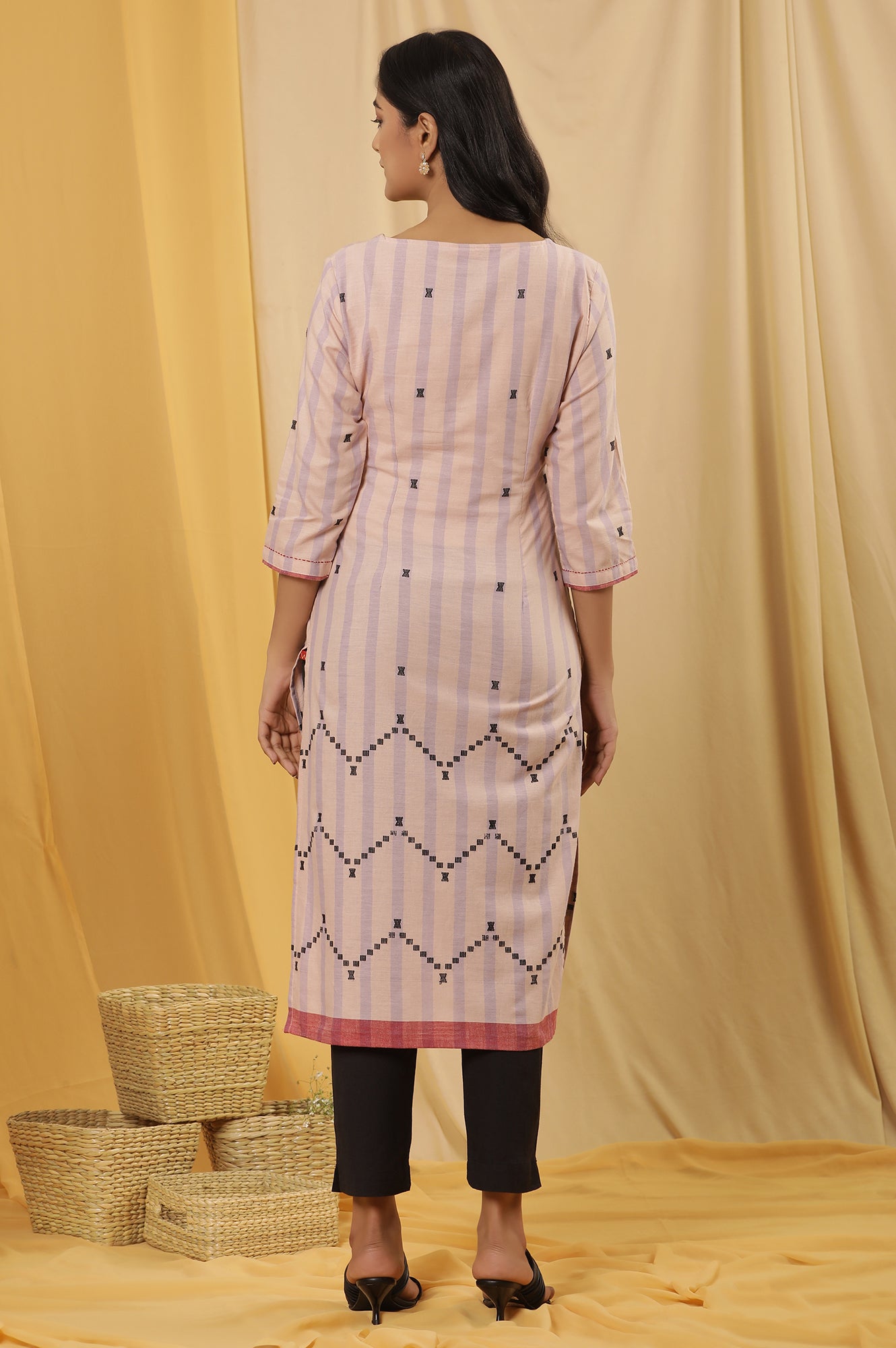 Peach Striped Cotton Kurta And Trousers Set