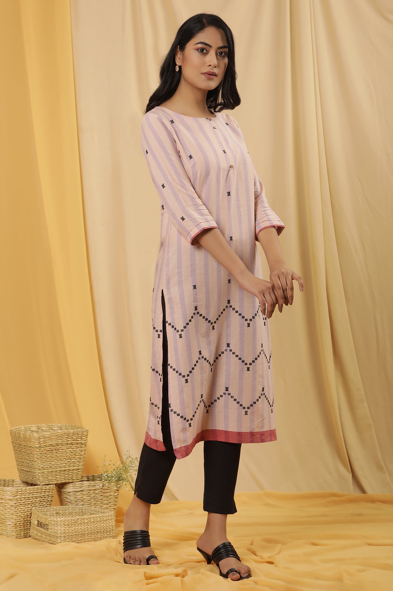 Peach Striped Cotton Kurta And Trousers Set