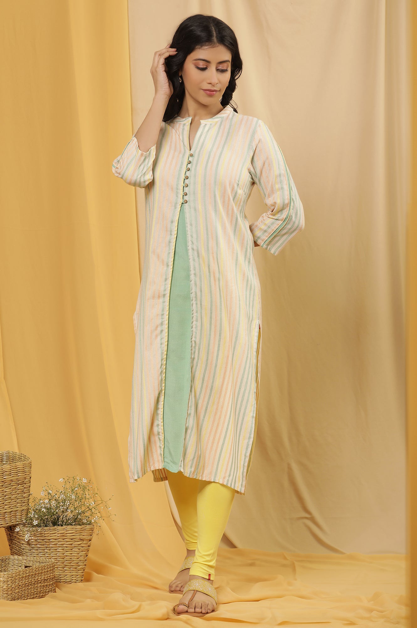 Ecru Striped Dobby Kurta And Tights Set