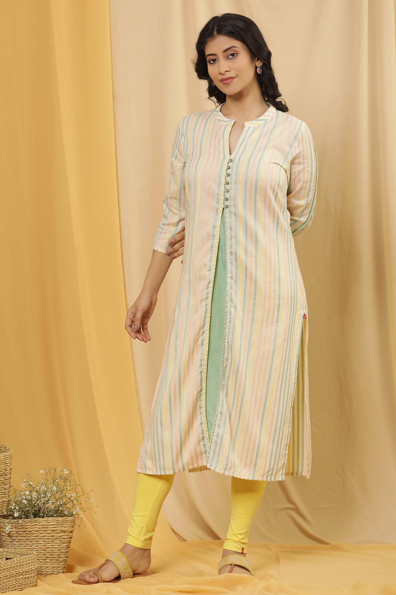 Ecru Striped Dobby Kurta And Tights Set