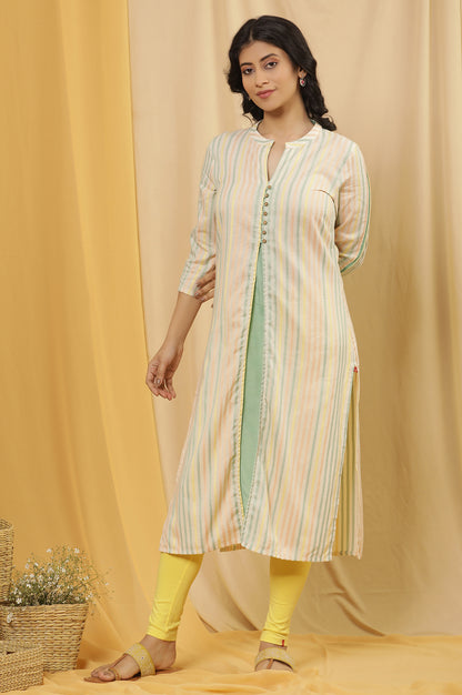 Ecru Striped Dobby Kurta And Tights Set