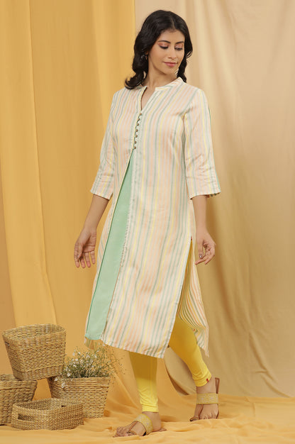 Ecru Striped Dobby Kurta And Tights Set