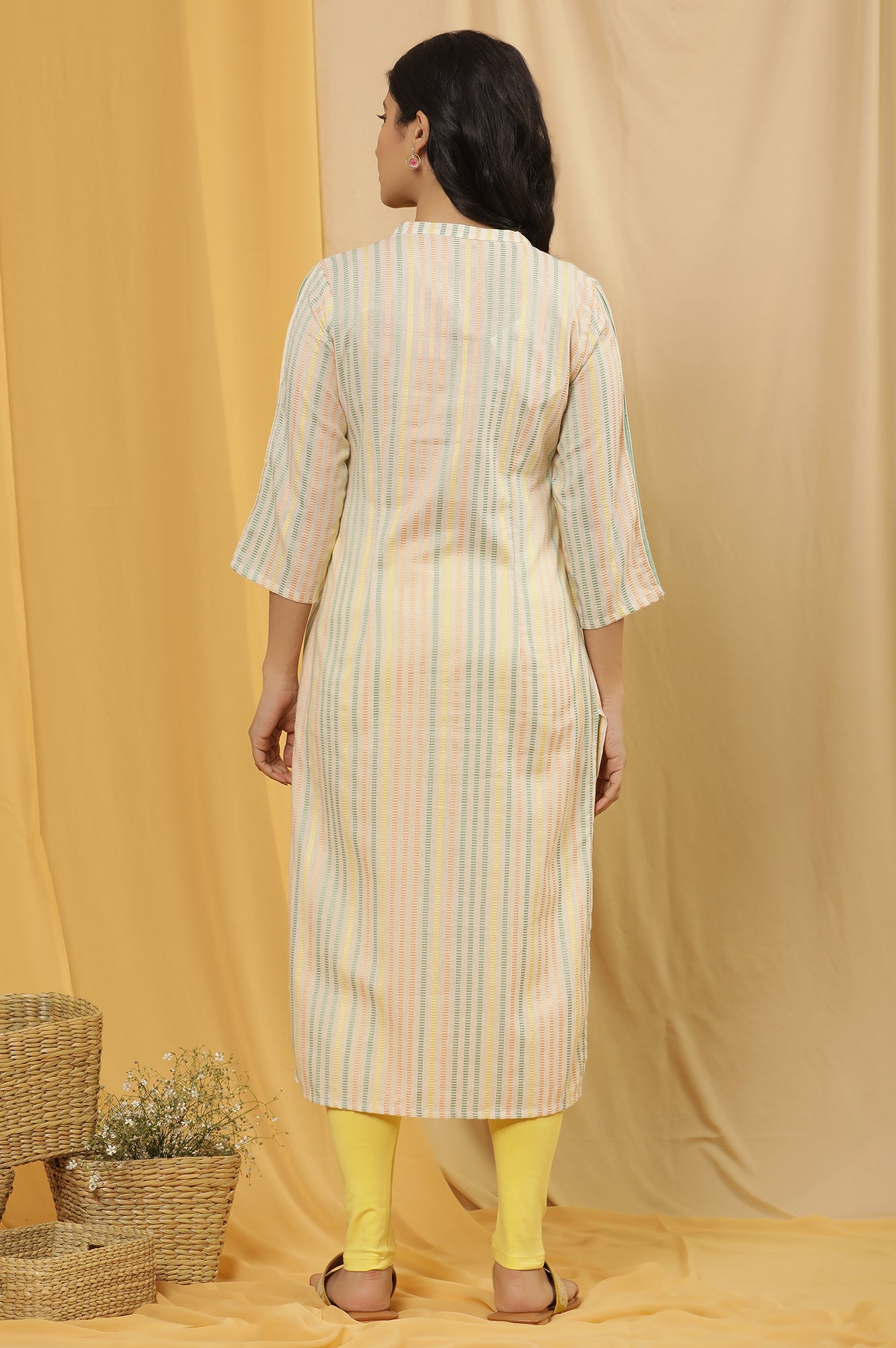 Ecru Striped Dobby Kurta And Tights Set